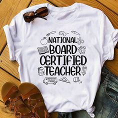 National Board Certified Teacher - Teacher Appreciation Tshirt Sweatshirt Gifts Tee Shirts For Men And Women ** Materials: - Unisex T-Shirt: 5.3-ounce, 100% cotton; Preshrunk jersey knit; Seamless double-needle 7/8" collar; Taped neck and shoulders; Double-needle sleeve and bottom hems; Classic midweight fabric; Tear away label. - Youth T-Shirt: 5.3-ounce, 100% cotton; Preshrunk jersey knit; Seamless double-needle 3/4" collar; Taped neck and shoulders; Tear away label; Double-needle sleeve and bottom hems; Classic midweight fabric; CPSIA Tracking Label Compliant. - Unisex Hoodie: 8-ounce, 50% Cotton / 50% Polyester; Double-lined hood with color-matched drawcord; Double-needle stitching at shoulder, armhole, neck, waistband and cuffs; Pouch pocket; 1 x 1 rib with spandex; Air jet yarn for s Casual White T-shirt For Teacher Appreciation, Cute T-shirt With Name Print For Teacher Appreciation, White Crew Neck T-shirt For Teacher Appreciation, White T-shirt With Funny Text For Teacher Appreciation, Fun Custom Print T-shirt For Teacher Appreciation, Teacher Appreciation Short Sleeve T-shirt With Letter Print, Fun Teacher Appreciation T-shirt With Graphic Print, Custom Print Crew Neck T-shirt For Teacher Appreciation, Certified Teacher