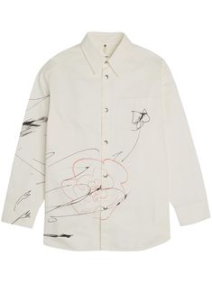 off-white cotton illustration-style print inspired by Cy Twombly logo patch to the rear straight-point collar front press-stud fastening long sleeves press-stud fastening cuffs curved hem Cotton Illustration, Cy Twombly, Illustration Style, White Shirt Dress, Shirt White, Patch Logo, White Cotton, Printed Cotton, Fashion Illustration