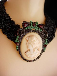 Antique Cameo Brooch - Victorian Black glass Choker - Vintage garnet rhinestone - Goddess necklace - Formal Black Bead Choker Jewelry, Formal Black Beaded Choker Jewelry, Formal Black Beaded Choker, Victorian Style Formal Choker Jewelry, Victorian Choker For Formal Occasions, Victorian Style Choker For Formal Occasions, Elegant Black Beads, Gems, And Cabochons For Gifts, Gothic Brooch Jewelry Gift, Gothic Formal Jewelry Brooch