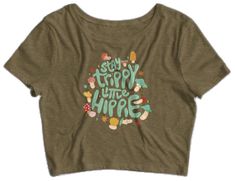 Green Bohemian Top With Graphic Print, Casual Crop Top For Music Festival, Hippie Style Spring Crop Top, Hippie Cropped Tops For Spring, Spring Hippie Crop Top, Casual Short Sleeve Crop Top For Festivals, Hippie Cotton Tops For Vacation, Cropped Cotton Top For Music Festival, Free-spirited Short Sleeve Tops For Festival