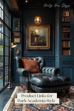 a leather chair sitting in front of a window next to a book shelf filled with books