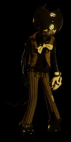 a person dressed up as a cat with a black hat and yellow striped pants, standing in front of a black background