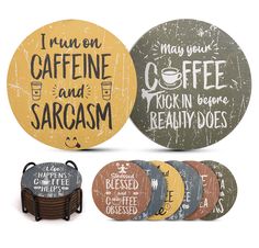 four coasters with different types of coffee and sargasm designs on them, one is