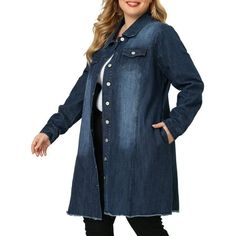 Featuring a button closure, this shacket can be easily worn open or closed to suit your style. Designed in a boyfriend style, this jacket is a versatile piece that can be paired with leggings and skirts for a fashionable outfit. The soft denim fabric not only provides warmth but also extenuates the waistline for a flattering look. This long denim jacket showcases a regular fit, stand collar, and chest pockets. The long sleeves are embellished with frayed details, adding a trendy touch to your en Denim Utility Jacket, Frayed Denim Jacket, Long Denim Jacket, Plus Size Denim, Distressed Jean Jacket, Plus Size Brands, Plus Size Coats, Oversized Denim Jacket, Stylish Outfit