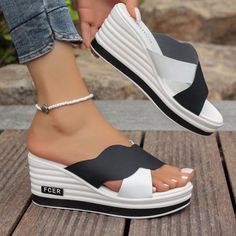 Brand New Casual Synthetic Heels With Round Toe, White Flat Wedge Sandals Casual, Casual White Flat Wedge Sandals, Modern Synthetic Wedge Sandals With Rubber Sole, White Casual Flat Heel Heels, Casual White Flat Heel Heels, Casual White Platform Heels, Casual White Flat Heels, White Slip-on Synthetic Sandals