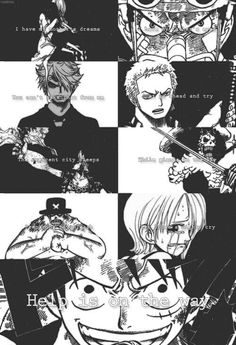 some black and white anime characters with their faces drawn in different ways, one is holding a