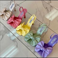 Yellow Patent Pu Mules Patent Bow Upper Memory Foam Padding 4” Heels Luxury Bow Straps Heels For Spring, Purple Heels Outfit, Tea Party Attire, Bling Bows, Pink Mules, Denim Bows, Bow Mules, Black Clogs, Purple Heels