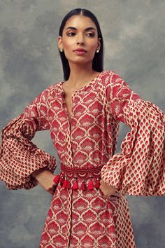 Featuring a Bindu & leaf print dress with puff sleeves & handcrafted thread embroidered tasseled belt. Fabric: Chanderi Silk Color: Red Care: Dry Clean Only About the DesignerBhumik... Etnic Style, Leaf Print Dress, Puff Sleeves Dress, Dress With Puff Sleeves, Boho Trends, Leaves Print Dresses, Tassel Dress, Sleeves Dress, Leaf Print