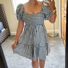 Cute Black And White Gingham Dress. Smocked Upper. Puffy Sleeves. Nwts. Sz S. Great With Black Cowboy Boots Or Wedges. Spring Black Smocked Dress With Short Sleeves, Black Short Sleeve Smocked Dress For Spring, Black Fitted Smocked Dress With Short Sleeves, Black Fitted Smocked Dress, Short Sleeve Gingham Smocked Dress For Summer, Plaid Fitted Smocked Dress Casual Style, Casual Plaid Smocked Summer Dress, Casual Fitted Smocked Plaid Dress, Casual Plaid Smocked Dress