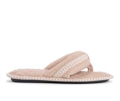 Pamper your feet by picking up a pair of our MUK LUKS® Darlene Thong Slippers. The memory foam insole will give your feet the soft and added comfort they deserve. The design allows for added flexibility and still having the slip on convenience. Available in Small (5-6), Medium (7-8), and Large (9-10) and multiple color options. Wipe with damp cloth. Do not bleach. Dry flat. Imported. 100% Polyester Upper, Slip On entry, Flat & Flexible Sole, Open Toe with Thong,100% Polyester Lined Memory Foam I Comfortable Beige Toe Post Flip Flops, Comfortable Non-slip Toe Post Slippers, Comfortable Toe Post Slippers With Arch Support, Comfortable Beige Flip Flops With Cushioned Footbed, Comfortable Adjustable Slippers With Removable Insole, Comfortable Adjustable Slippers With Cushioned Footbed, Comfortable Cushioned Slippers With Toe Post, Comfortable Toe Post Slippers With Cushioned Footbed, Comfortable Adjustable Non-slip Slippers