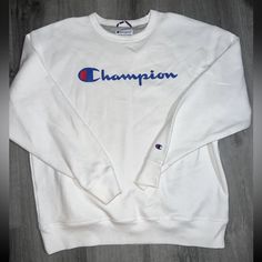 Champion Men's Xl Sweatshirt Powerblend Crew Neck Script Logo Athletics, New Without Tag Champion Hoodie Cream, Champion Sweater Women, Cute Champion Sweatshirts, Champion White Sweatshirt, Cute White Sweatshirt For School, Cute White School Sweatshirt, Relaxed Fit White Tops For School, White Relaxed Fit Top For School, White Pre-shrunk Cotton Sweatshirt