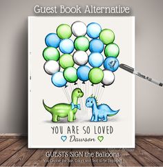 a greeting card featuring two dinosaurs and balloons with the words guest book alternative you are so loved