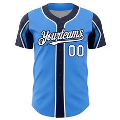 Custom Electric Blue White-Navy 3 Colors Arm Shapes Authentic Baseball Jersey Blue College Jersey With Baseball Collar, Blue Baseball Collar Jersey For College, Blue Varsity Jersey With Team Name, Blue Letter Print Jersey For College, Blue Baseball Jersey For Baseball Season, Blue Varsity Jersey For Baseball Season, Blue Baseball Jersey With Team Name For Fans, Customizable Blue Varsity Jersey, Blue Jersey With Letter Print For Fans