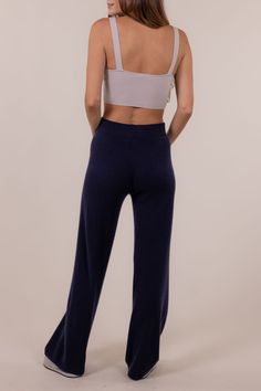 HC07F23 - 100% Cashmere- Full length- Straight leg- Elasticized waistband- Measurements on model:- Length below waistband - 38 1/2"- Waist - 15" flat- Bottom width - 10 1/2"- Model is 5'9" and wearing a size Small Chic Navy Straight Pants, Chic Blue Mid-rise Wide Leg Pants, Blue Stretch Bottoms With Waistband, Fitted Mid-rise Blue Wide Leg Pants, High Waist Bottoms With Contoured Waistband For Loungewear, Navy Straight Leg Loungewear Bottoms, Elegant Blue Pants For Loungewear, Fitted Wide Leg Bottoms With Waistband, Navy Wide Leg Loungewear Bottoms