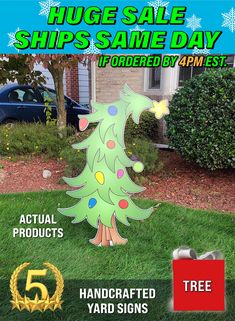 a yard sale sign with an image of a christmas tree in the grass and other items