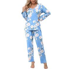 Anygrew Women's Pajamas Set Long Sleeve Shirts and Long Pants 2 Piece Pjs Sleepwear with Pockets 1.The long sleeve pajama tops with v neck & front pleated design, simple but elegant, soft and comfortable fabricperfect for house or daily wear . 2.Pajamas pants is designed comfortable elastic waistband so very easy to put on and take off side and with pockets. Pants is design loose style that very comfortable and relaxing to wear. 3.Super soft pajamas sets is suitable for sleep, bedroom, living ro Blue Spring Sleepwear For Loungewear, Blue Sleepwear For Spring Loungewear, Spring Blue Sleepwear For Loungewear, Blue Floral Print Sleepwear, Comfortable Blue Cotton Set, Blue Spring Sleepwear For Lounging, Blue Bedtime Sets For Spring, Comfortable Blue Bedtime Sets, Blue Long Sleeve Home Sets