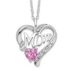 Sterling Silver Created Pink Sapphire And Diamond Mom Heart Necklace Metal: Sterling Silver Purity: 925 Weight: 3 Grams Chain: Cable Chain With Spring Ring Clasp Stones: Diamond, Natural, White, Round Stone: Lab Created Pink Sapphire, Heart Shaped Imported Pink Heart Pendant, Heart Necklace Diamond, Necklace Charm, Sterling Silver Flowers, Christmas Gifts For Mom, Heart Pendant Necklace, Granada, Pink Sapphire, Mother's Day Gift