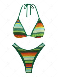 Seamolly Colorblock Stripes Triangle Halter Tied Cheeky Bikini Set Retro Green Swimwear For The Beach, Green Retro Triangle Top Swimwear, Retro Green Swimwear For Beach Party, Green Color Block Swimwear For The Beach, Green Color Block Swimwear For Beach, Bright Swimsuit, Floral Swimwear, Neon Bikinis, Blue Khakis