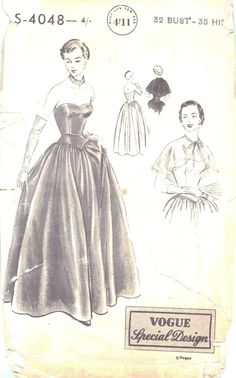 an old fashion sewing pattern from the 1950's, featuring a woman in a dress