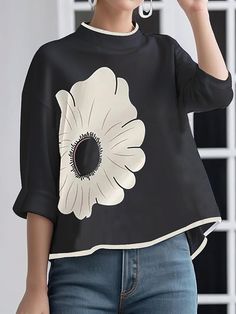 A-line High-low Flower Print Mock Neck T-Shirts Tops BLACK-L Midi Skirts Summer, Urban Shirt, Mock Neck And T Shirt, White Flower Dress, High Waist Long Skirt, Crochet Eyes, Digital Fashion, Hacks Clothes, Buy Shirts