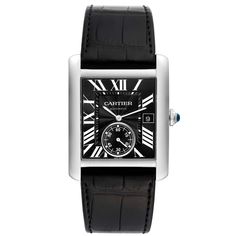 Cartier Tank MC Black Dial Automatic Steel Mens Watch W5330004. Automatic self-winding movement. Brushed stainless steel case 34.3 x 44.0 mm. Protected octagonal crown set with the faceted blue spinel. Exhibition transparent sapphire crystal caseback. Stainless steel bezel. Scratch resistant sapphire crystal. Black guilloche dial with steel hands and Roman numerals. Minute markers around an inner ring. Date display at the 3 o'clock aperture. Seconds sub-dial at the 6 o'clock. Secret Cartier sign Classic Rectangular Watches With Subdials, Modern Cartier Chronograph Watches, Cartier Black Watch Accessories With Rectangular Dial, Timeless Rectangular Chronometer Watch, Modern Rectangular Chronometer Watch, Timeless Cartier Chronograph Watch Accessories, Timeless Cartier Watch Accessories With Chronograph, Cartier Black Watch With Rectangular Dial, Cartier Black Business Watch