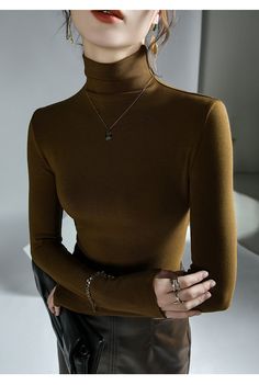 Turtleneck Solid Color Slim Stretch Sweater – BEYOND FASHION High Stretch Solid Color Fall Tops, Casual High Neck Outerwear For Work, Brown Slim Fit Top For Workwear, Solid Fitted Versatile Turtleneck, Versatile Fitted Turtleneck, Versatile Solid Fitted Turtleneck, Fitted Solid Color Versatile Turtleneck, Chic Winter Sweater With Funnel Neck, Chic Funnel Neck Winter Sweater