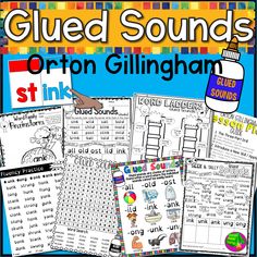 several posters with words and pictures on them that say,'glued sounds '