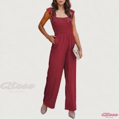 Qteee - Solid Color Casual Jumpsuit with Sleeveless and Wide Leg Design - Long Pants Fitted Strapless Jumpsuit With Pockets, Fitted Strapless Sleeveless Jumpsuit With Pockets, Fitted Cotton Strapless Sleeveless Jumpsuit, Casual Cotton Strapless Fitted Jumpsuit, Casual Fitted Strapless Jumpsuit, Casual Fitted Strapless Jumpsuit In Solid Color, Fitted Strapless Jumpsuit In Solid Color, Solid Color Jumpsuits, Floral Print Jumpsuit