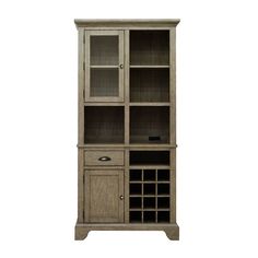 a wooden cabinet with glass doors and drawers on the bottom, in front of a white background