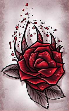 a drawing of a red rose with horns on it's head and blood splatters all over the petals