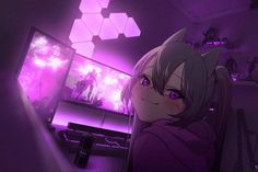 an anime character is standing in front of a tv with purple lights on it and looking at the camera