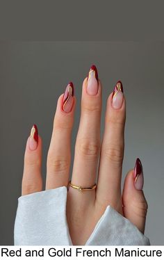 Red and Gold French Manicure #rednaildesignideas Nails For All Outfits, Red Wine And Gold Nails, Red And Gold Nails Almond Shape, Good And Red Nails, Red Nail Gold Tip, Red Gold French Tip Nails, Crimson And Gold Nails, Apple Red Nails Design, Red And Gold Wedding Nails