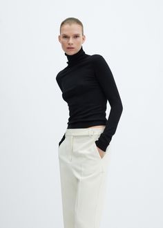 Fine-knit turtleneck sweater - Women | MANGO USA Parachute Dress, Oversized Wool Coat, Ladies Turtleneck Sweaters, Cropped Flare Jeans, Knit Turtleneck Sweater, Round Neck Sweaters, Cropped Flares, Polo Neck, Leather Shorts