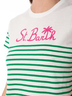 Woman t-shirtGreen and white stripedSt. Barth embroideryRound neckShort sleevesRegular fitTrue to sizeComposition: 100% cotton. | MC2 Saint Barth Women's Green Striped Cotton T-shirt With St. Barth Embroidery in White | SS18 White T-shirt With Contrast Stripes For Summer, Spring Short Sleeve Tops With Signature Stripes, Short Sleeve Tops With Signature Stripes For Spring, White Contrast Stripes T-shirt For Summer, Green Cotton Tops With Signature Stripes, Summer Short Sleeve T-shirt With Signature Stripes, White Short Sleeve T-shirt With Signature Stripes, White Short Sleeve Tops With Signature Stripes, White T-shirt With Contrast Stripes