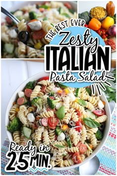 There photo collage of Italian pasta salad in a bowl, pasta on a spoon and ingredients to make the salad with text overlay. Simple Pasta Salad, Colorful Pasta, Easy Italian Pasta, Picnic Salad, Easy Italian Pasta Salad, Italian Pasta Salad, Zesty Italian Dressing, Simple Pasta, Easy Salad