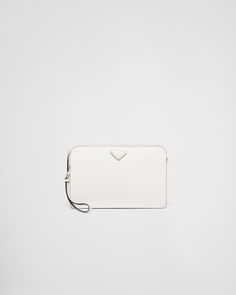 Prada Logo, Prada Saffiano, Triangle Logo, Leather Pouch, Wrist Strap, Leather Handle, Italian Leather, Front Zipper, Card Slots