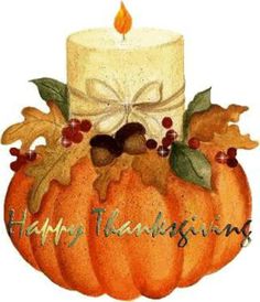 a happy thanksgiving card with a candle and pumpkins