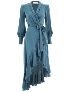 Ninety Six Wrap Dress February Wedding Guest Outfit, Light Blue Dress Long, Wedding Guest Outfit Classy, Blue Dress Long Sleeve, Shawl Collar Dress, Blue Dress Long, February Wedding, Light Blue Dress