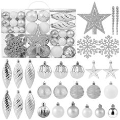 christmas ornaments and baubles are shown in black and white, including one star