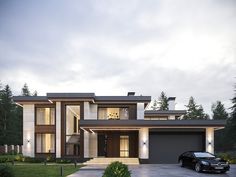 a car is parked in front of a modern house