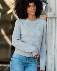 When the transitional weather hits, this classic shrunken crew sweater is the perfect amount of warmth and good looks. Crafted from a 100% recycled wool yarn from Italy in a distinctive moss stitch that sets this sweater apart from the rest.A slim crewneck sweater in a compact 5-gauge knit.1x1 rib trim on neckline, cuffs and hem.Slightly shrunken silhouette makes this an ideal layering piece as the temperature drops. Moss Stitch, Polo Sweater, Women's Sweaters, Denim Jumpsuit, Grey Women, Crewneck Sweater, Layering Pieces, Wool Yarn, Party Hats