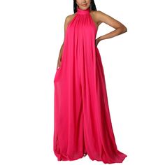 Rosy Halter Neck Backless Chiffon Wide Leg Jumpsuit Elegant Pink Beach Jumpsuits And Rompers, Elegant Pink Jumpsuits And Rompers For Beach, Chic Sheer Jumpsuits For Party, Elegant Pink Jumpsuit For The Beach, Chic Flowy Jumpsuits For Party, Chic Sheer Jumpsuits And Rompers For Party, Chic Flowy Jumpsuits And Rompers For Party, Chic Chiffon Jumpsuits And Rompers For Party, Chic Sleeveless Flowy Jumpsuits And Rompers