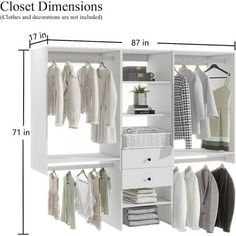 the closet is full of clothes and linens, with measurements for each item in it