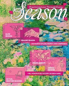 the poster for season is shown in pink and green