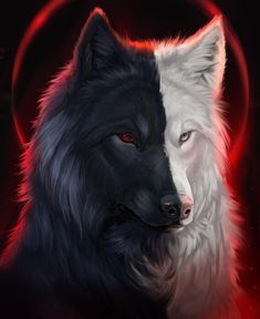 an illustration of a wolf with red eyes and white fur, standing in front of a black background