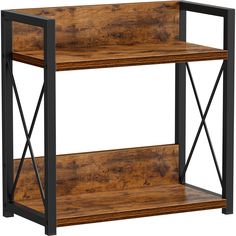 a wooden shelf with black metal legs and two shelves on each side, against a white background