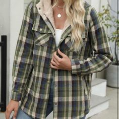 Fabric: This Flannel Shacket Jacket Is Made Of High Quality Fabric To Ensure Durability And Comfort Keeping You Warm And Fashionable Features:Sherpa Lined, Plaid Pattern, Hooded Design, Front Button Closures, Long Sleeve With Button Cuffs, Boyfriend Style. Loose Fit Add A Touch Of Effortless Style To Your Wardrobe. Matching: The Womens Button Down Hooded Jackets Is Easy To Match With Any Pants, Skirts, Leggings, Pencil Skirt, Sneakers, Boots And So On Occasions: Womens Plaid Jacket Suitable Suit Womens Plaid Jacket, Pencil Skirt Sneakers, Skirt Sneakers, Plaid Jacket Women, Flannel Shacket, Outwear Jackets, Boyfriend Style, Autumn Cozy, Long Sleeve Plaid