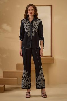 Black shirt featuring contrast white thread embroidery with scallop hem sleeves. Paired with an embroidered pant. - Aza Fashions White Thread Embroidery, Pant For Women, Embroidered Pants, Scallop Hem, Thread Embroidery, Collared Shirt, Scalloped Hem, Pants Pattern, Shirt And Pants