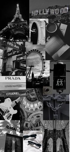 black and white collage with many different things in the background, including signs, buildings, and ferris wheel