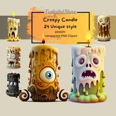 three candles that have been decorated to look like monsters and are in different colors with the words creepy candle 24 unique style 350pp transparent png clipart